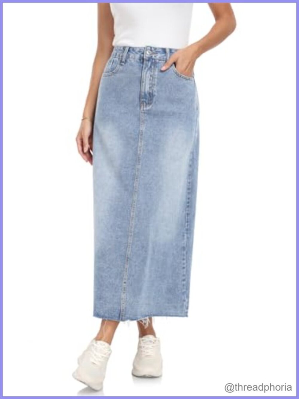 High Waisted Stretch Denim Midi Skirt Frayed Raw Hem A Line Jean Skirt